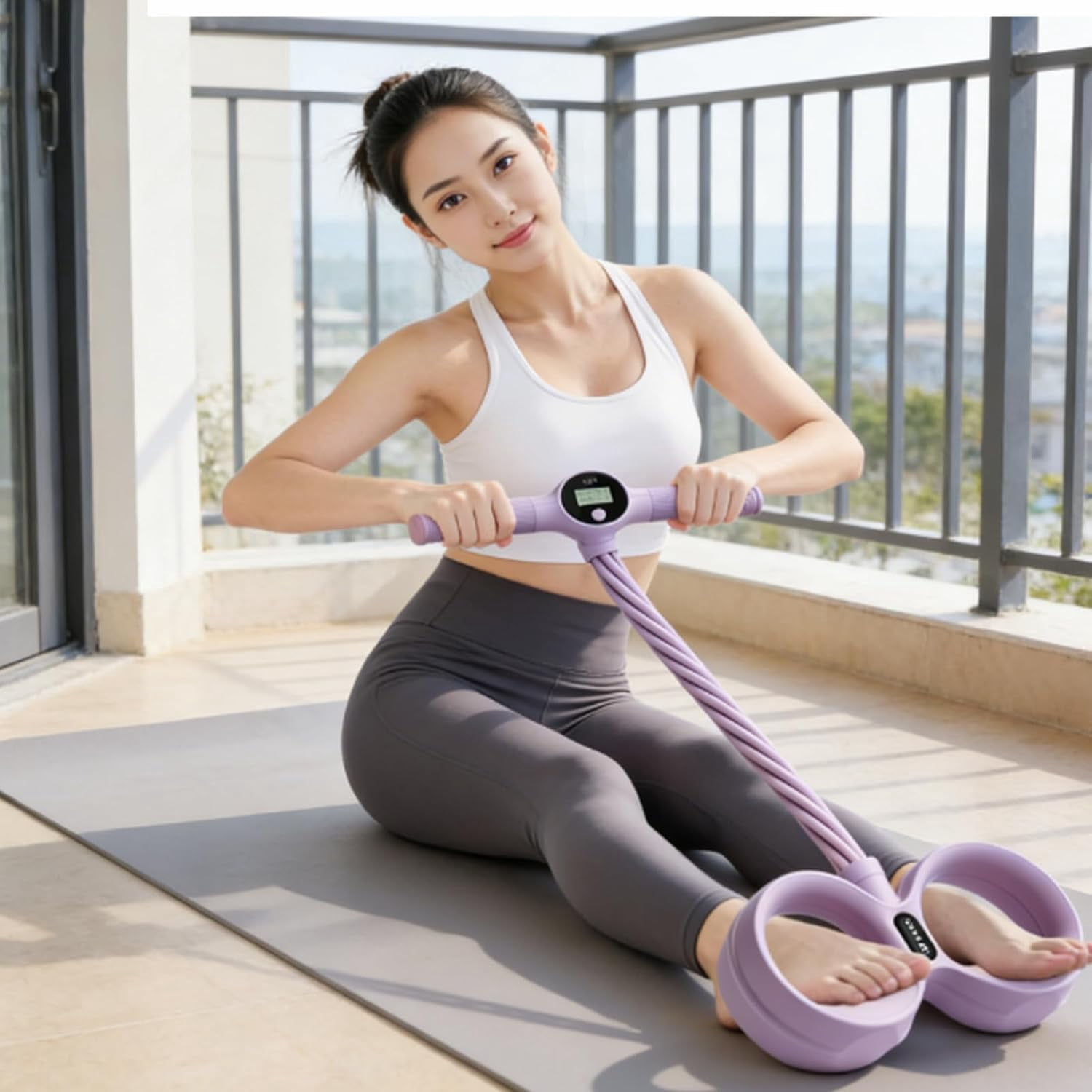 Smart Foot Pedal Puller with Digital Counter, 6-Tube Resistance Bands for Full Body Stretching Yoga, Home Gym Fitness Equipment with Handles