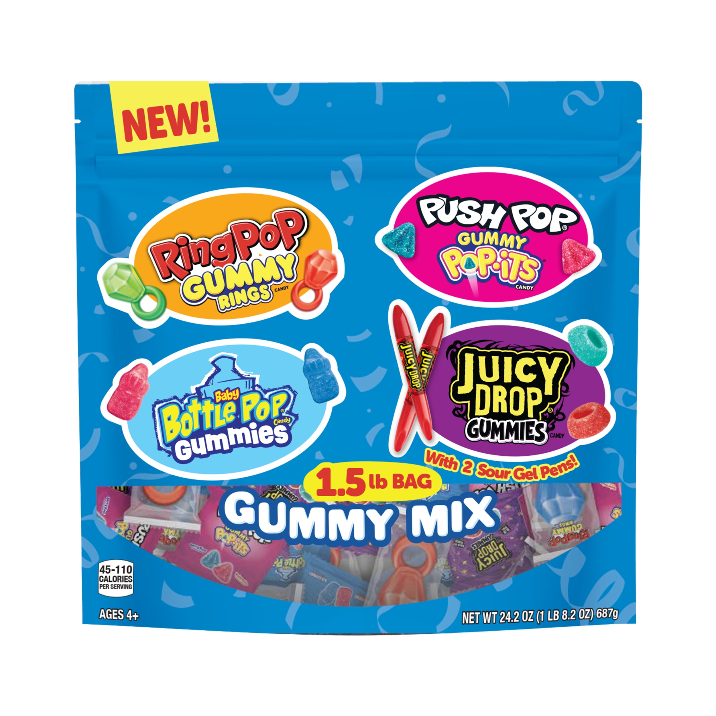 (4 pack) Ring Pop, Baby Bottle Pop, Push Pop, Juicy Drop Pop, Fruit Flavored, Gummy Candy, 24.2 oz, 52 Count Bag