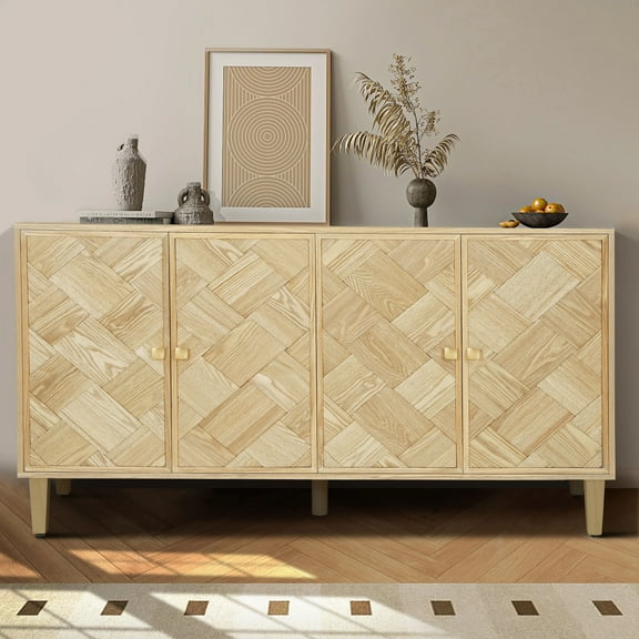 Euroco Modern Farmhouse Sideboard Buffet Cabinet with Storage & 4 Doors,59.8" Wood Coffee Bar Cabinet with Shelves for Kitchen Living Room,Natural