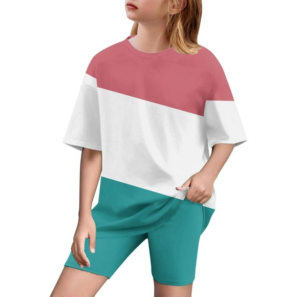 Girl 2 Piece Outfits Toddler Girl Clothes Oversized Short Sleeve T Shirt Active Running Bike Short Sets 5-15y
