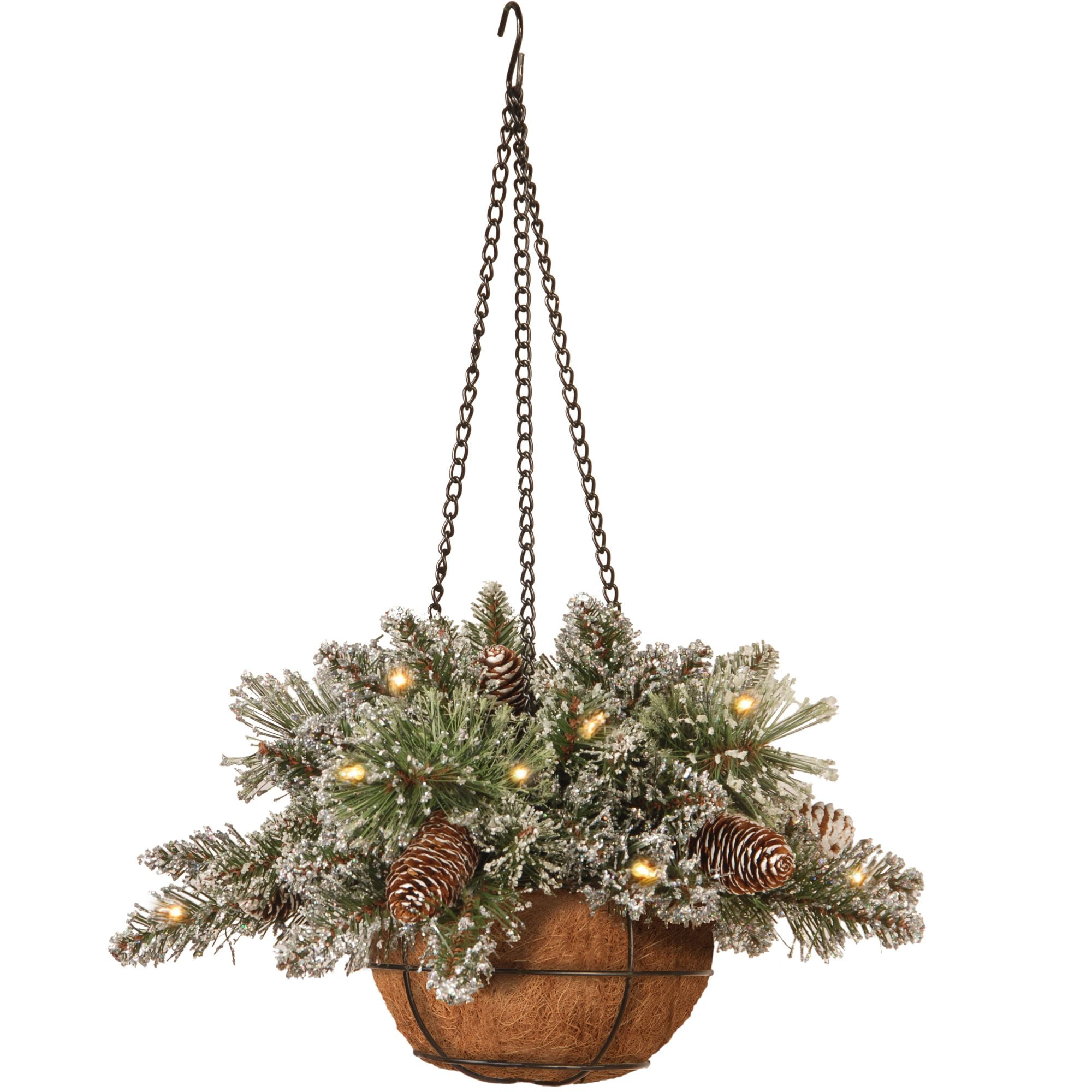 16" Pre-Lit Bristle Pine Artificial Plant Hanging Basket ...