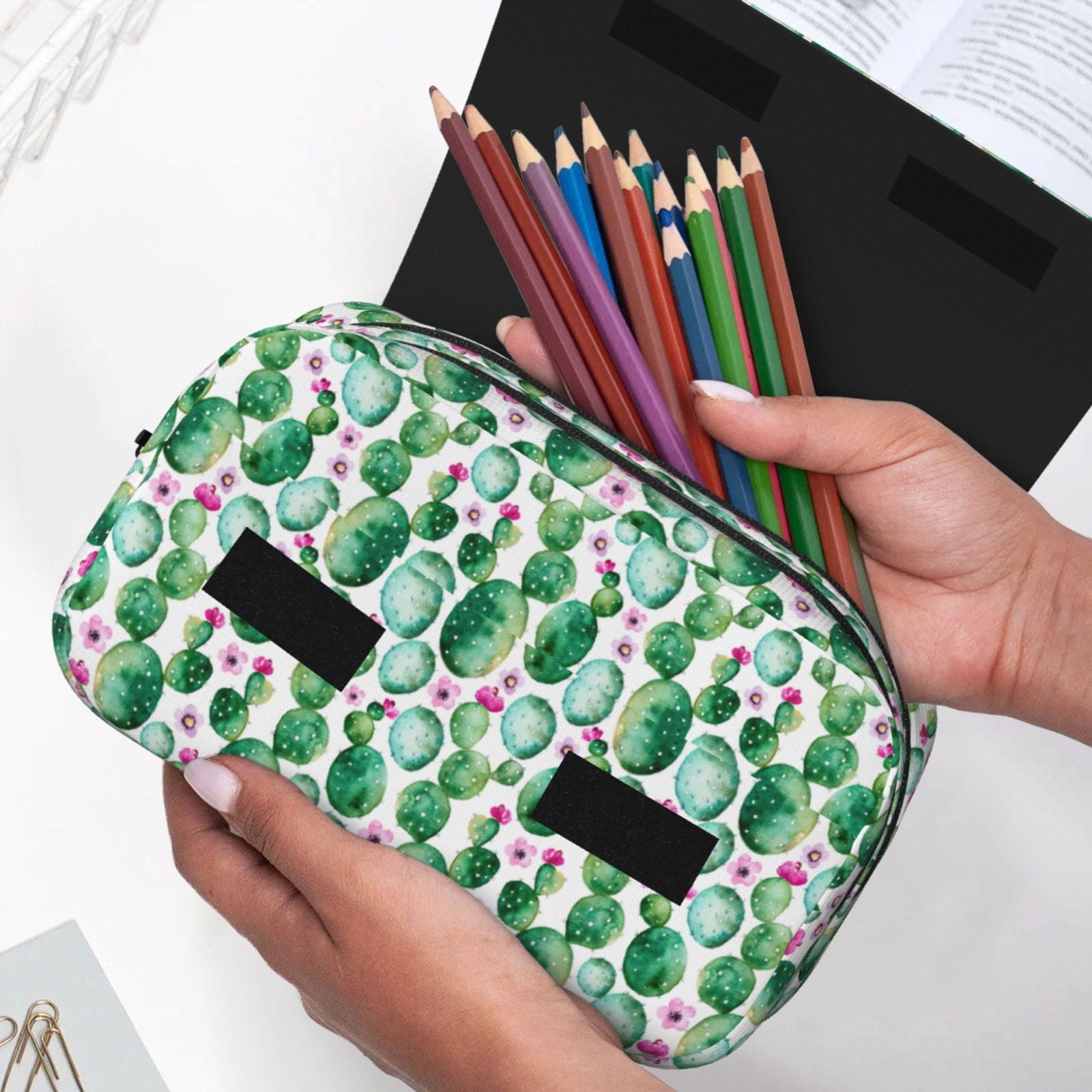 Rateoe Cactus Plants Pattern Double Clamshell Pen Case, Storage Organizer with Two Zipper Compartments– Holds Up to 50 Pencils & Pens