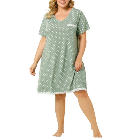 Agnes Orinda Women's Plus Size Nightgowns Polka Dots V Neck Short Sleeve Midi Sleepshirt 2X Green