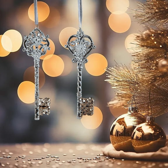 Doghiosgha 2 Pcs Vintage Key Christmas Ornaments, Key Shaped Sequin Hanging Decorations for Christmas Tree Holiday Wreath Party, 2x5.9 Inch