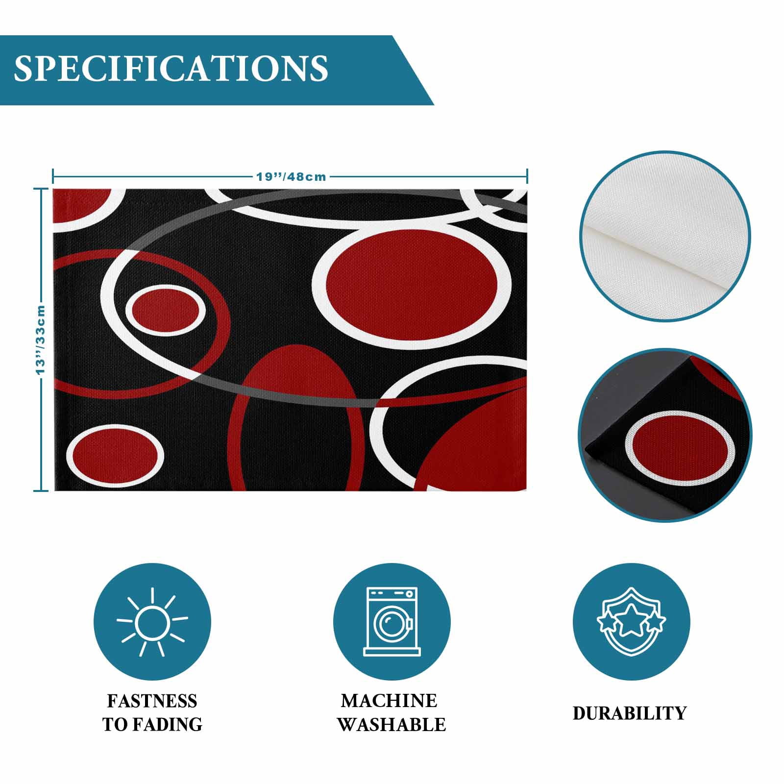 Placemats Set of 4, Black Red Circle Placemats Set of 4, Geometri Stripe Lines Abstract Art Tablemats Placemat Table Decoration for Kitchen Table Dinner Party Home Decor Indoor Outdoor 13x19 Inch