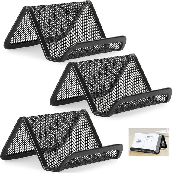 Metal Mesh Card Holder for Desk Business Cards, 3 Pack Desk Card Holder, Business Card Stand, Card Holder for Office（Black)