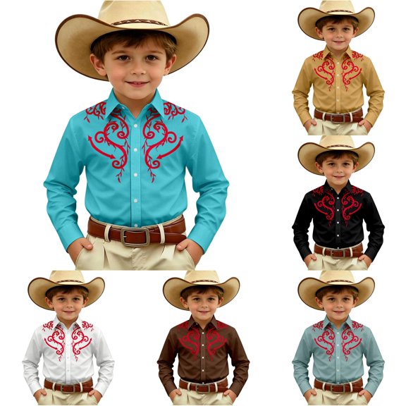 Gunia Boys Western Cowboy Shirts Long Sleeve Print Shirt Tops Casual Button Up Blouse Youth Boys T Shirts Sky Blue 8-9 Years
