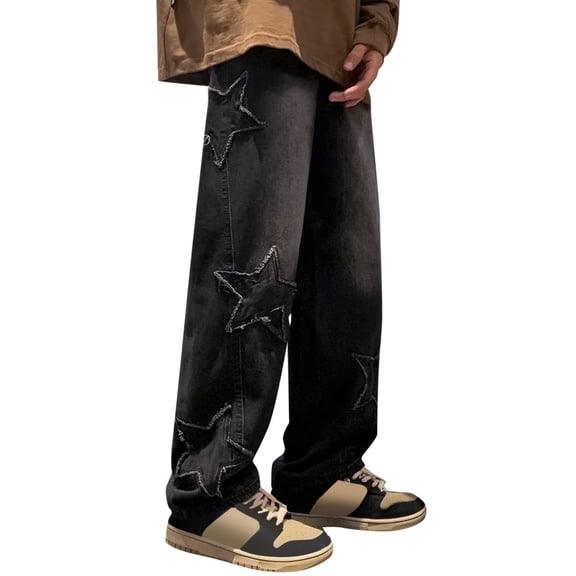 Jeans Women Petite Five Pointed Star Patch Retro Straight Wash Baggy Neutral Trousers Pants for Women