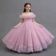 thumbnail image 3 of BFHHYA Girls Tulle Dresses Lace Off Shoulder Long Dress Wedding Birthday Flower Girl Dresses Size 3-14 Years, 3 of 5