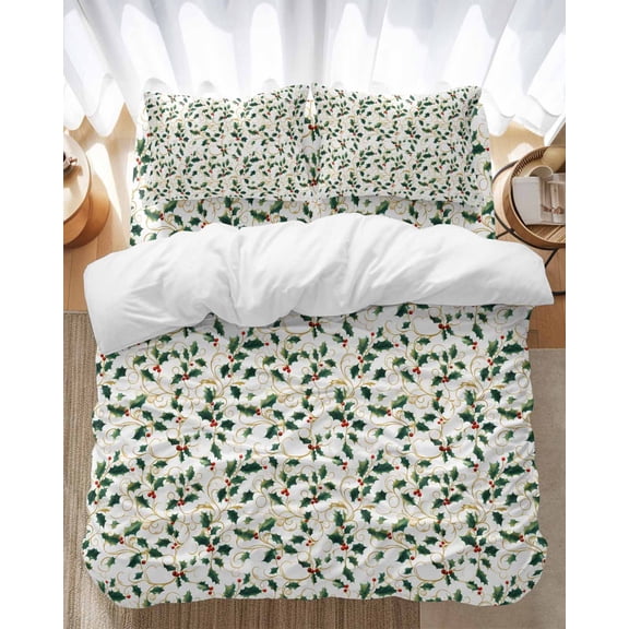 Winter Christmas Bedding Duvet Cover Set Twin Size 4 Pieces Holly Berry Plants Leaves Bedding Set with Zipper Closure, 1 Comforter Cover 68x86 Inches 1 Flat Sheet & 2 Pillow Cases