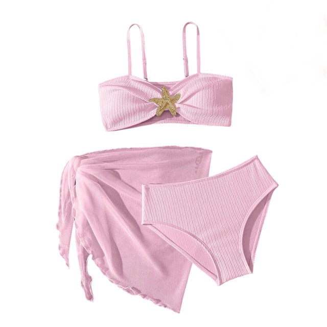 AWZXDE Swimsuit For Girls Three Piece Long Sleeve Rash Guard Swim Shirt With Bikini Bottom And Skirt For Sun Pool Ages 7-12