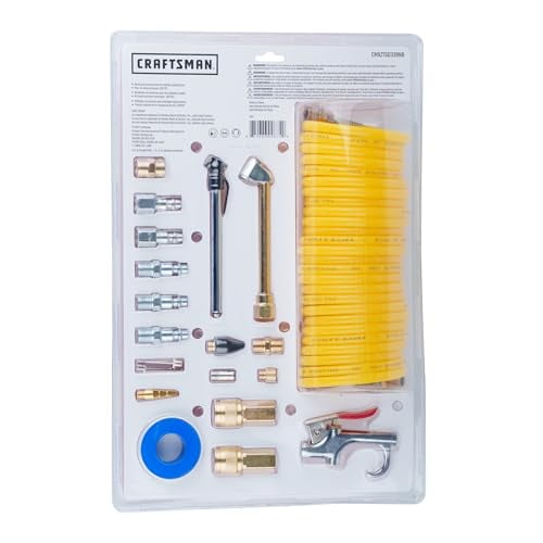 CRAFTSMAN 20 Piece Air Compressor Accessory Kit Includes Recoil Hose Tire Inflator Blow Gun Brass Quick Connect Fittings and More