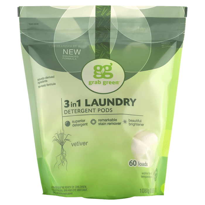 Grab Green Natural 3 in 1 Laundry Detergent Detergent Pre-Measured Powder Pods, Vetiver, 60 Loads