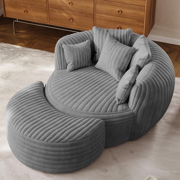 Wiilayok 50" W Oversized Chaise Lounge Chair Indoor Furniture,Corduroy Compressed Round Deep Seat Cloud Sofa Couch with Ottoman,5 Pillows for Living Room, Bedroom,Light Gray