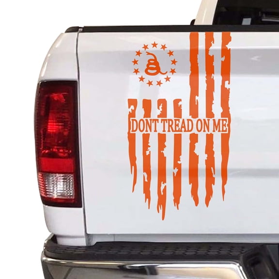 Dont Tread On Me Gadsden Flag Distressed American USA US Flag Truck Tailgate Vinyl Decal Compatible with most Pickup Trucks 1776 Betsy Ross Flag Decal (11" x 20", Orange)