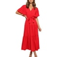 thumbnail image 3 of Frontwalk Casual Midi Dress for Women Short Sleeve V Neck Shirt Dress Tie Waist Ruffle Aline Dress Loose Flowy Pleated Dress, 3 of 4