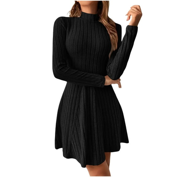 Winter Dresses for Women Turtleneck Wedding Guest Dress Stylish Sweater Flare Dress Fall Long Sleeve Knit Midi Dresses