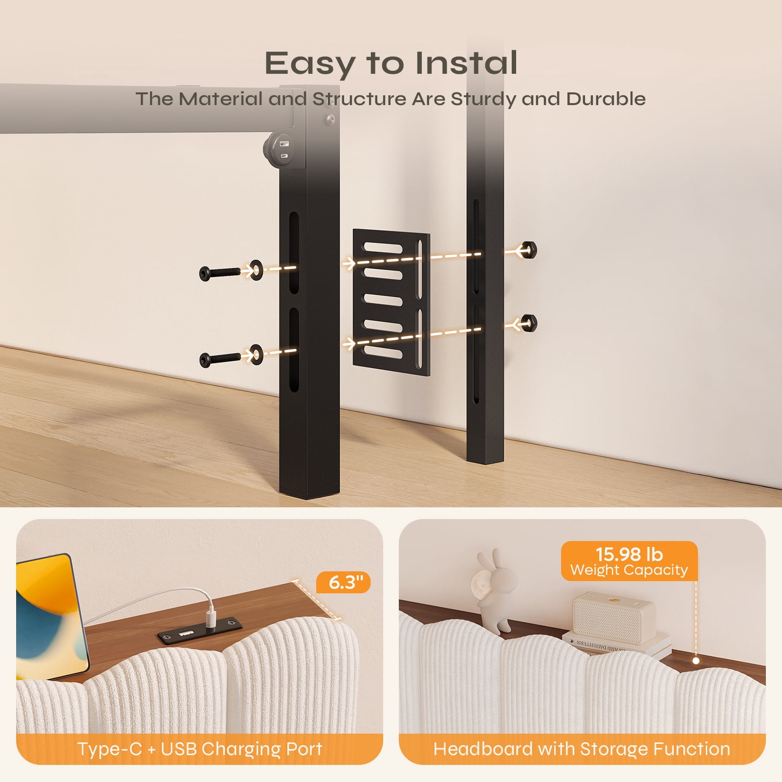 Pinmoco Queen Upholstered Headboard with Storage, LED Lights and Charging Station, Beige Striped Corduroy, Height Adjustable, Easy Assembly