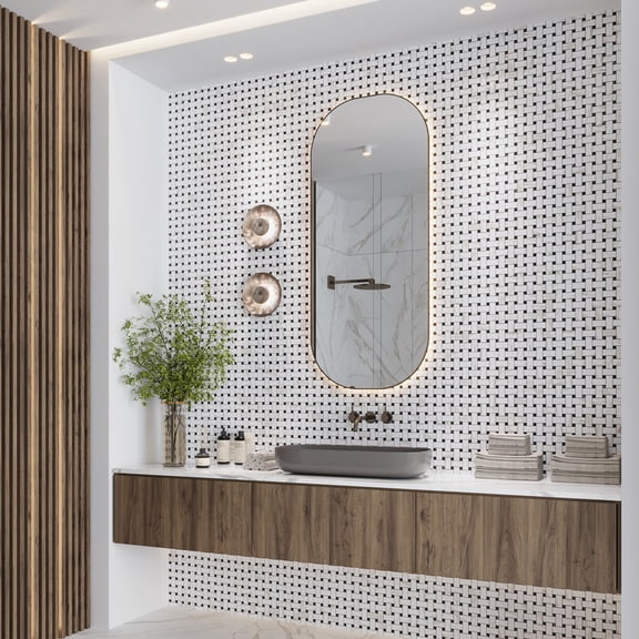 Regalia 12x12 in. Ivory White, Black Matte Gres Porcelain Basketweave Mosaic Wall and Floor Tile (5.82 sq ft/case, 6-Pack)