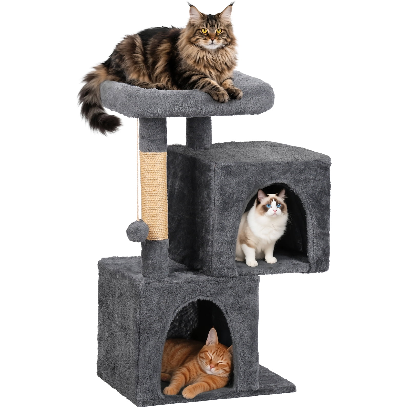 ZephyPaws 32" Cat Tree Tower for Kittens,Multi-Level Cat Scratching Posts with Condos,Padded Perch,Hanging Toys,Dark Grey