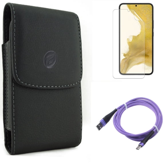 10ft USB Cable & Case Belt Clip & Matte Screen Protector for Samsung Galaxy S22 (6.1") - Purple Type-C & Leather Holster & TPU Film Anti-Glare Accessory Bundle