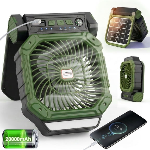Fohil 20000mAh Solar Camping Fan with LED Light, Solar/USB Charging, 4-Speed Fan,3 Timer Settings, Phone Charging for Camping Fishing Outdoor, Green