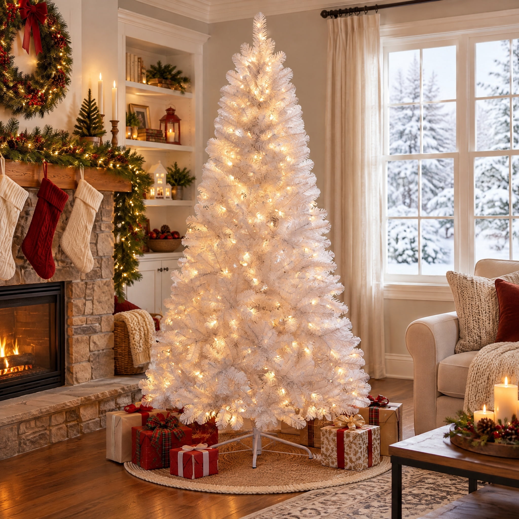 6.5' Pre-Lit Madison Pine White Artificial Christmas Tree with Color-Changing LED Lights and Stand, by Holiday Time