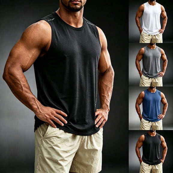 Kalauyu Sleeveless Athletic Tank Top for Men Round Neck Workout Tees Quick Dry Breathable Training Casual Loose Shirts Gym Running Tops