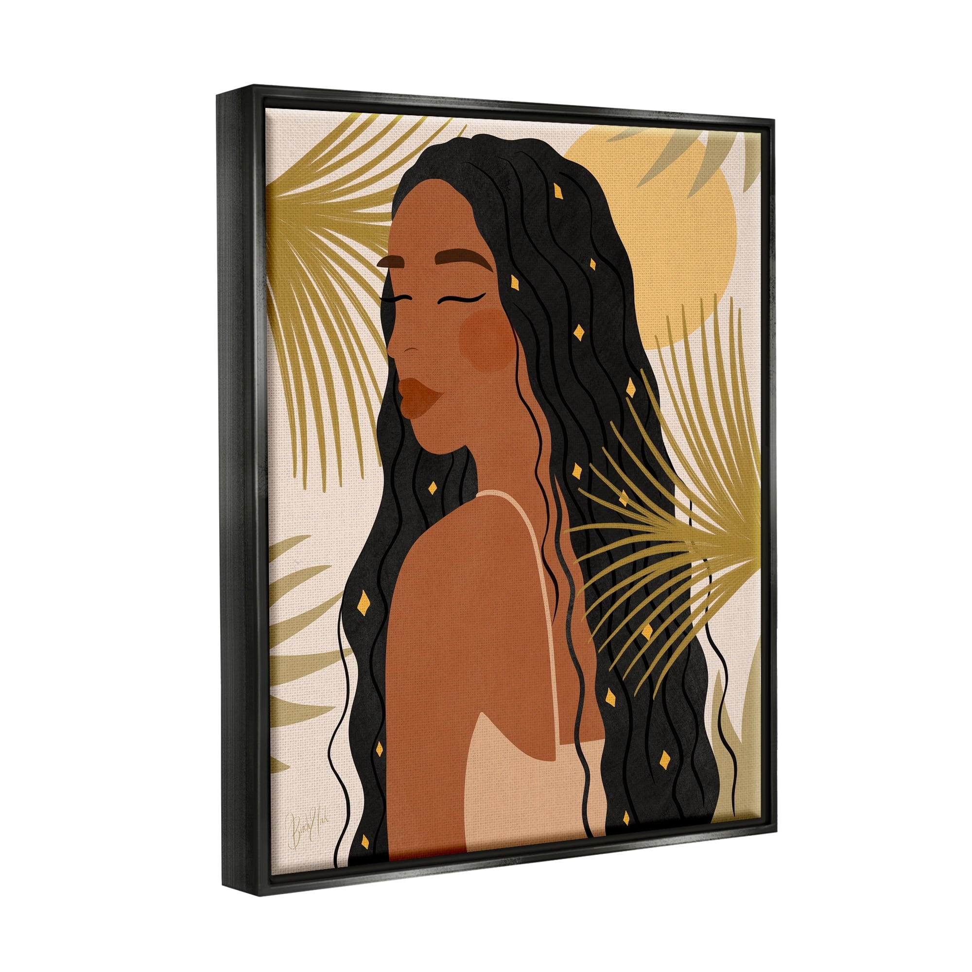 Stupell Industries Desert Plant Leaves Sunlit Starry Haired Woman Graphic Art Jet Black Floating Framed Canvas Print Wall Art, Design by Birch&Ink