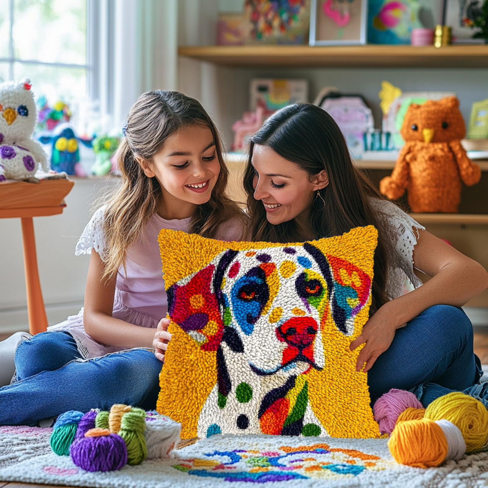 Colored Dalmatian Dog DIY Latch Hook Pillow Kits for Adults Printed Pillowcase Crochet Yarns Hooking Handmade Pillow Cover Cushion for Home Sofa Decoration 17x17inch