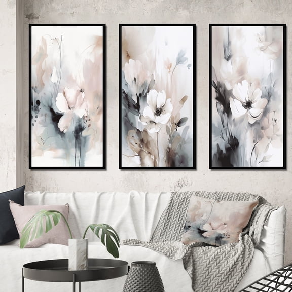 Designart "Grey Flowers Delicate V" Floral Framed Wall Art Set Of 3 - White Floral Frame Canvas Set For Living Room Decor