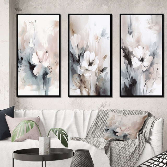Designart "Grey Flowers Delicate V" Floral Framed Wall Art Set Of 3 - White Floral Frame Canvas Set For Living Room Decor