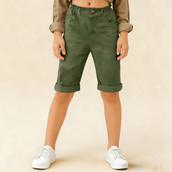 Kids Casual Solid Color Knee-Length Shorts, Elastic Waist Rolled Hem Bermuda Pants for Everyday Wear and Holiday Trips Blackish Green 120