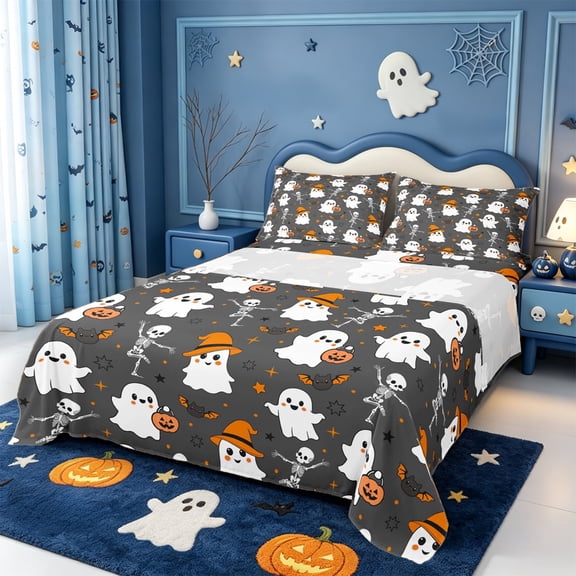 Manfei Cartoon Ghost Halloween Bed Sheets,Bat Silhouette Full Size Sheets,4 Pieces,1 Flat Sheet,1 Fitted Sheet and 2 Pillowcases