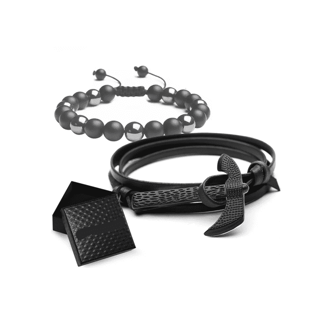 Brazalete De Cuentas Obsidiana Y Pulsera Hombre Hacha 2 Pzs Negro LAB.G