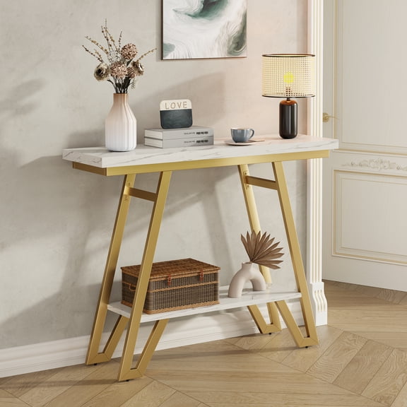Multifunctional Marble Console Space-Saving Entryway & Sofa Table with Open Storage. Narrow Design for Hallway or Living Room, Easy to Assemble.