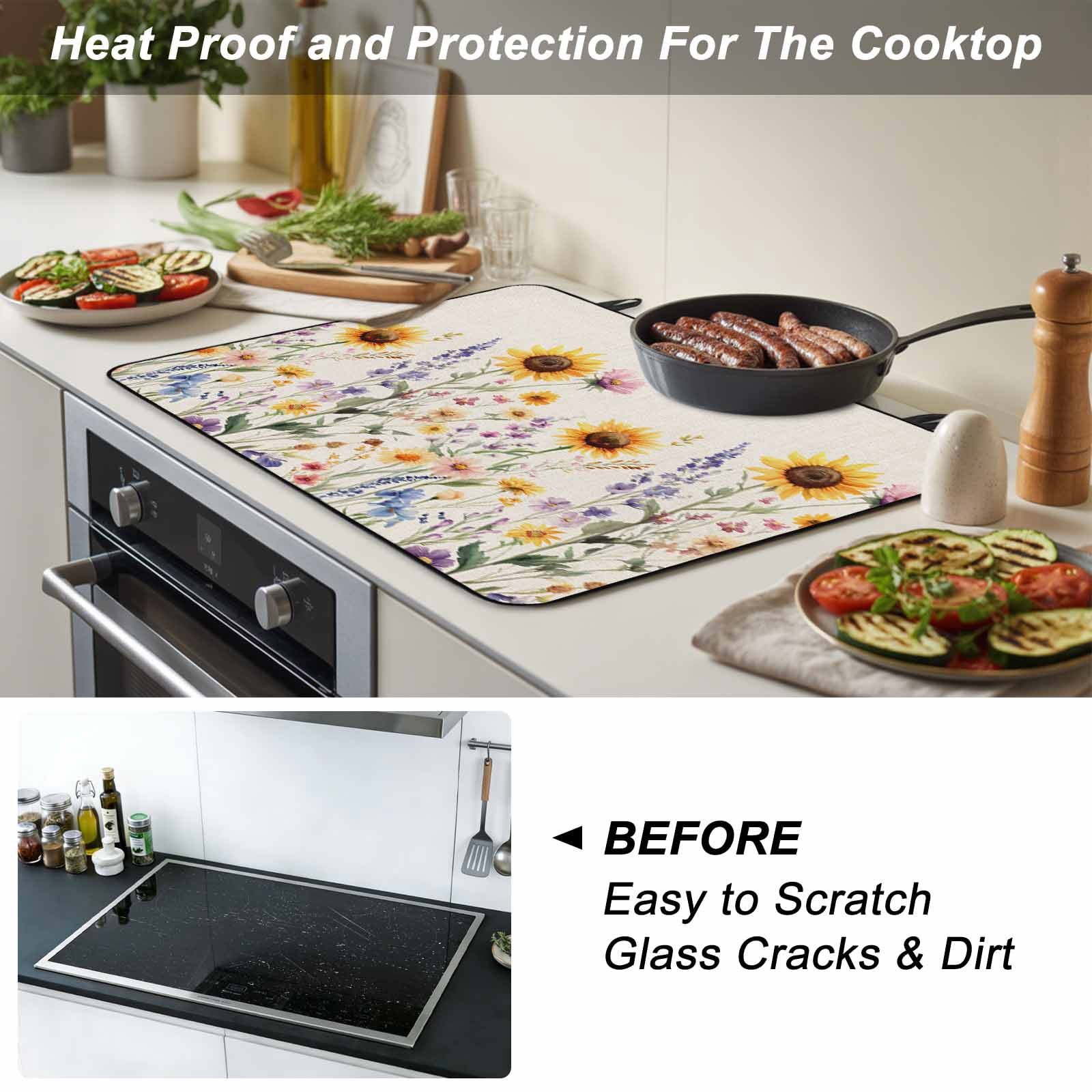 Sunflower Stove Top Cover for Electric Stove, Heat-proof & Non Slip Glass Top Stove Cover Protector, Vintage Spring Floral Summer Botanical Kitchen Flat Cooktop Rubber Mat 24x21 Inches