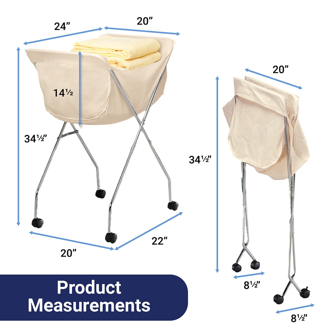 Laundry Cart With Wheels, Collapsible with Removable Liner, Rolling Hamper Cart with Tubular Metal Frame, White Bag Included – Measures 23" x 18" x 32"