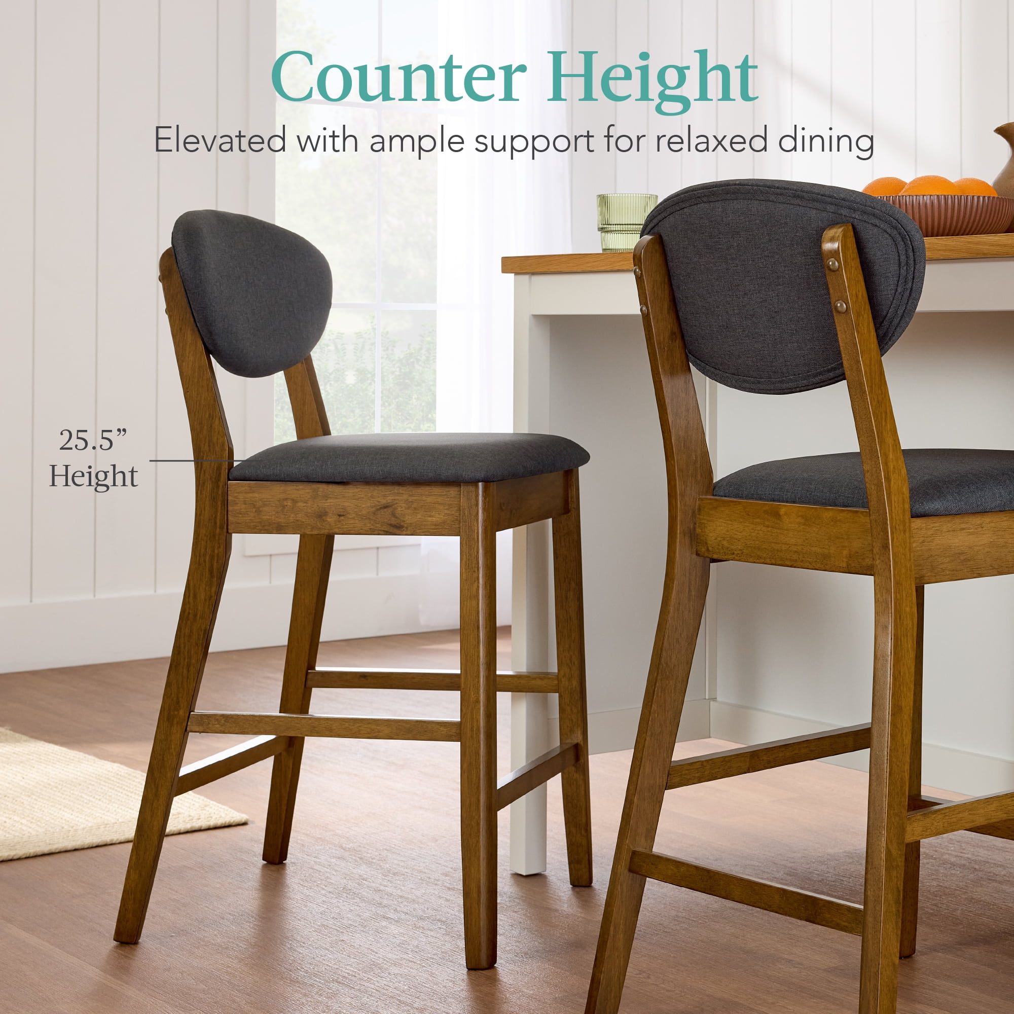 Best Choice Products Set of 2 Counter-Height Bar Stools, Armless W/Upholstered Seat Cushion & Backrest - Walnut/Charcoal