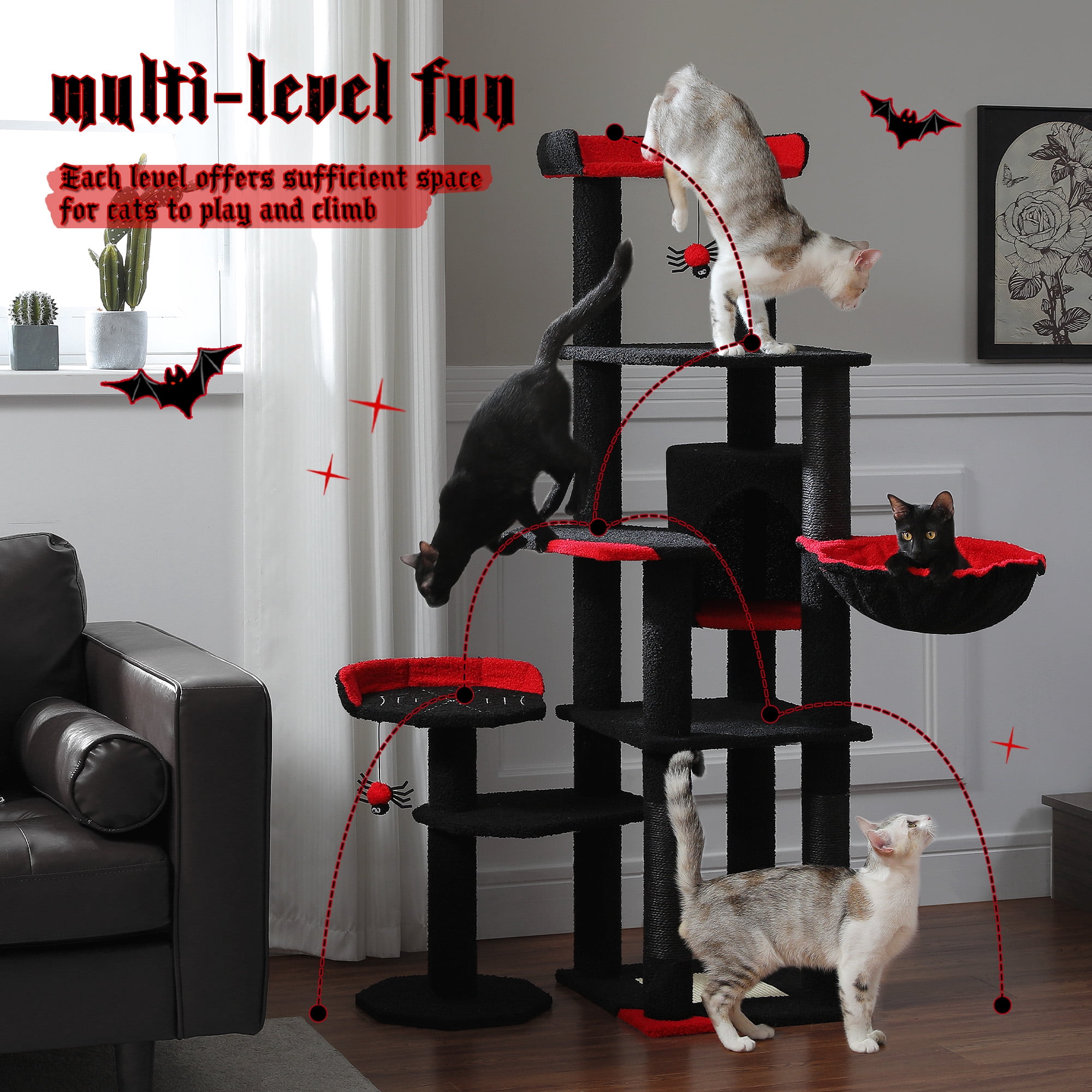 PAWZ Road 59" Cactus Cat Tree Tower with sisal Scratching Post & Large Perch for Indoor Cat Black