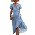 thumbnail image 1 of Vestido cruzado floral para mujer, cuello en V, cintura, cinturón, manga con volantes, dobladillo asimétrico, vestido largo de verano azul XL, 1 of 6