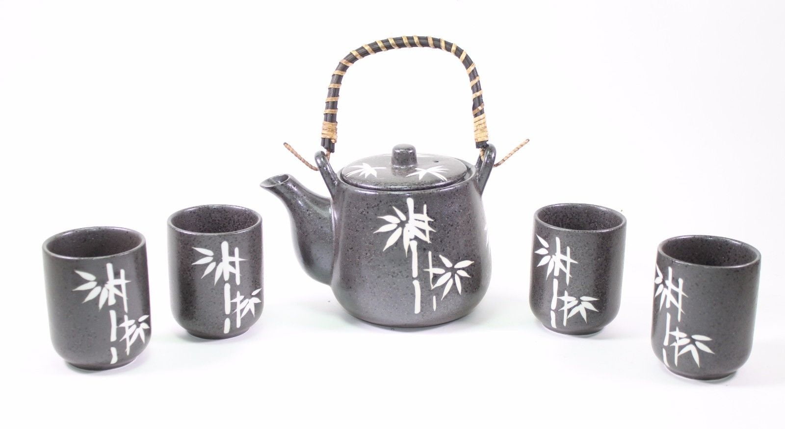 6' Black Bamboo Rattan Japanese Ceramic Tetsubin Teapot Teacups Infuser Tea Set