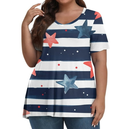 Womens Spring Tops  Casual V Neck Pullover Short Sleeve Plus Size 4Th Of July Printed Tshirt Basic Tops Swimsuit For Women See Through Tops White Long Shirts Camisole Tops (L  Dark Blue) ZMTing