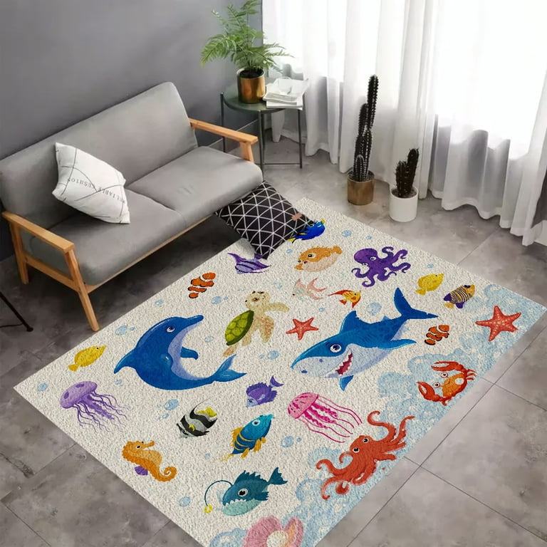 BCIIG Cartoon Sea Animals Collection Velvet Area Rug Non‑Slip Indoor ...