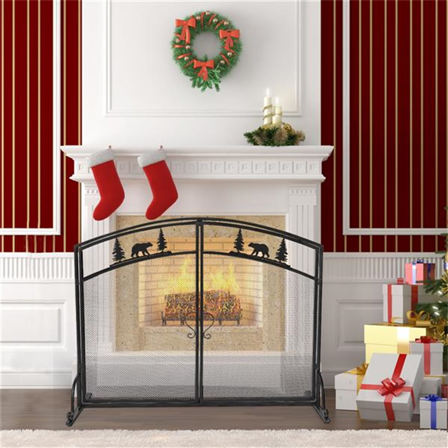 Fireplace Screen Curved Christmas Tree and Bear Decoration Simple ...