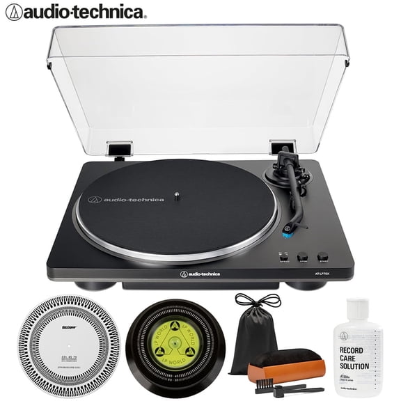 Audio-Technica AT-LP70X-BG Fully Automatic Belt-Drive Turntable, Black/Silver Bundle with Record Care Solution, Deco Gear Cleaning Kit, Stroboscope and Record Stabilizer