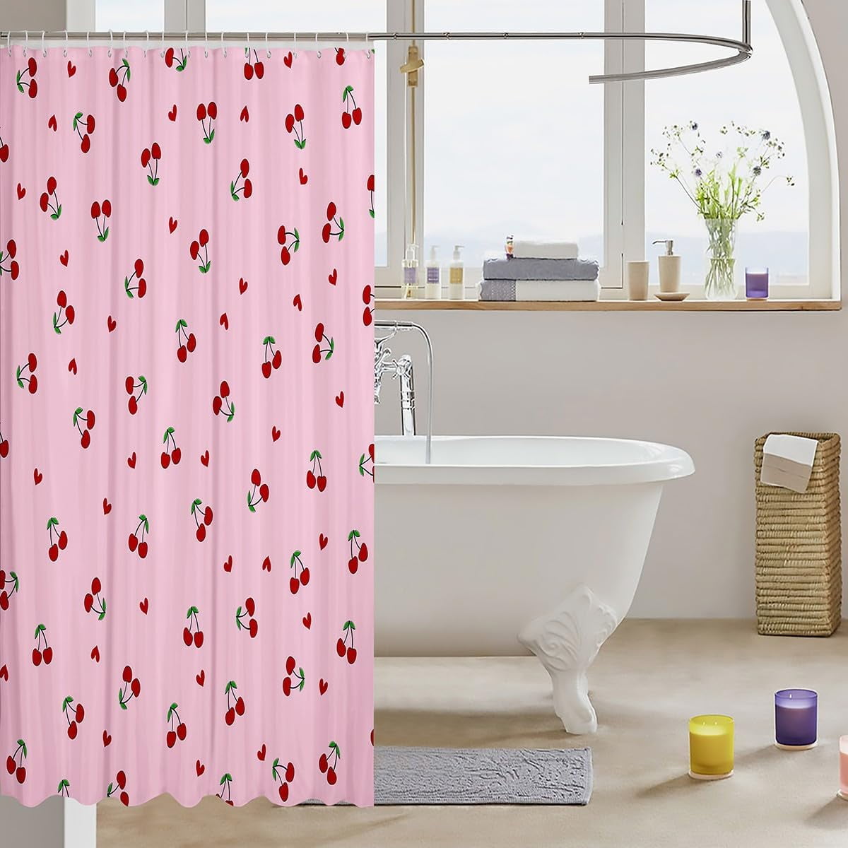 Kids Cherry Bathroom Shower Curtain Set Cherry Pattern Shower Curtain Boys Girls Cute Fruit Bath Curtain for Kawaii Cartoon Fruit Teens Bathroom Accessories Room Decor 72"x72"