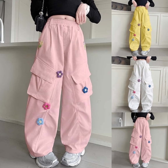 Crunowin Girls Cargo Pants, Retro Multi Pockets Elastic Waist Floral Patch Wide Leg Pants Size 12