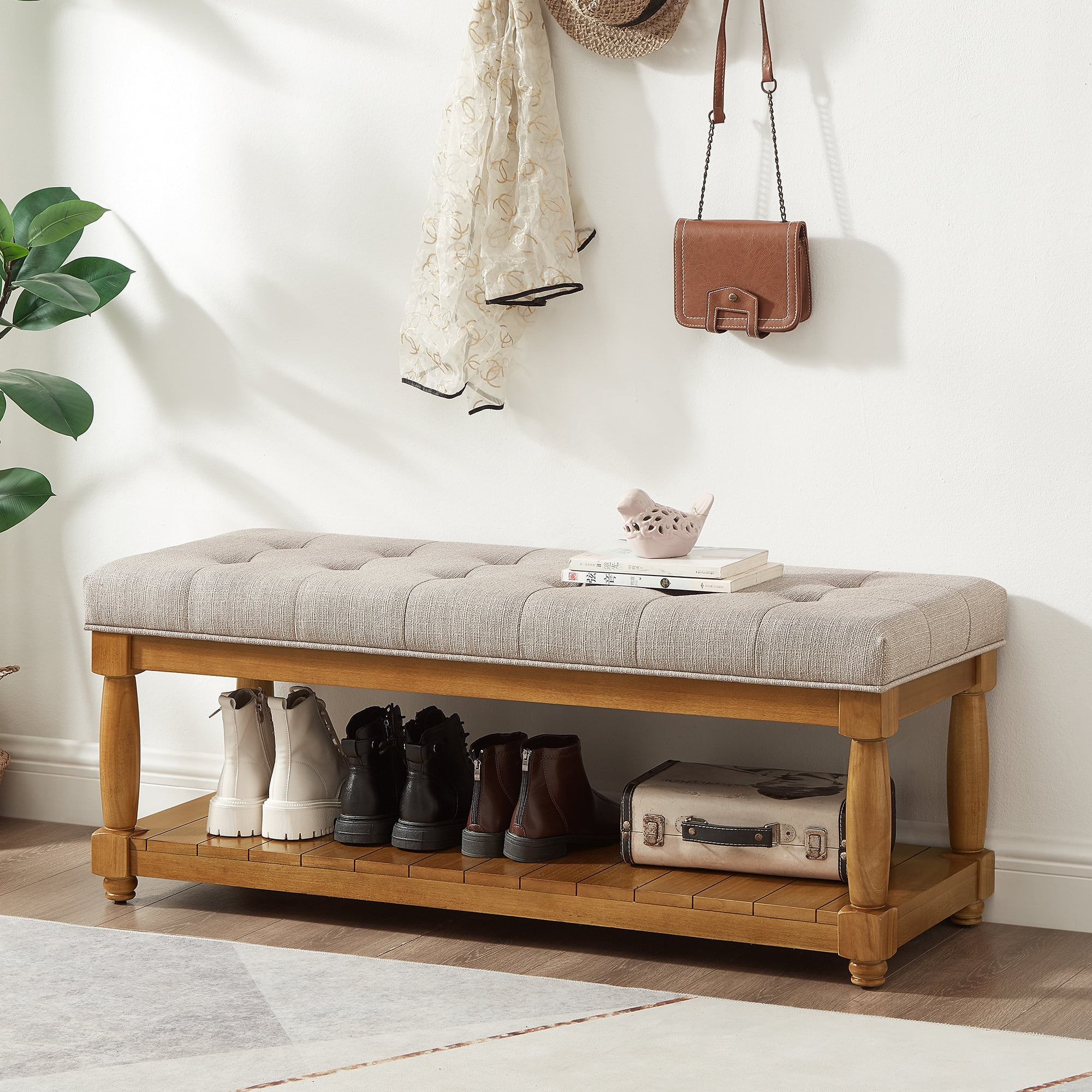 Upholstered Linen Bench with Storage Shelf Tufted Ottoman Bench for Bedroom Entryway Living Room Solid Wood Spindle Legs Linen Accent Furniture
