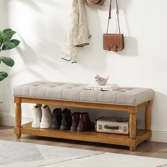 Upholstered Linen Bench with Storage Shelf - Tufted Ottoman Bench for Bedroom Entryway Living Room, Solid Wood Spindle Legs Accent Furniture